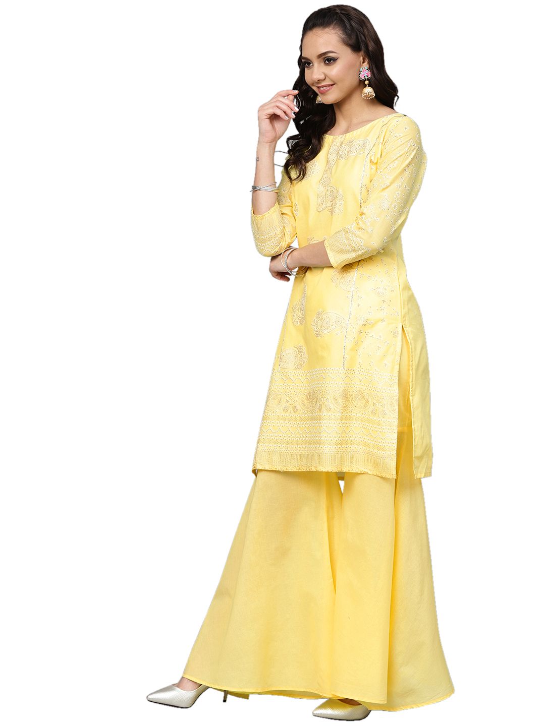 Ahalyaa Women's Cotton Blend Yellow Glitter Print Kurta Sharara Set With Dupatta