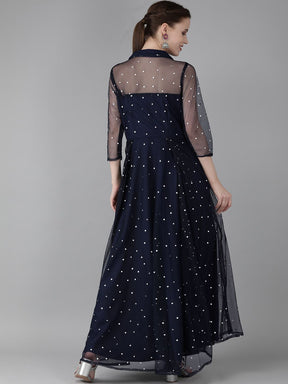 Navy Blue Net & Crepe Silver Toned Polka Dots Printed Maxi Dress