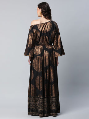 Black Crepe Copper Foil Printed Maxi Dress