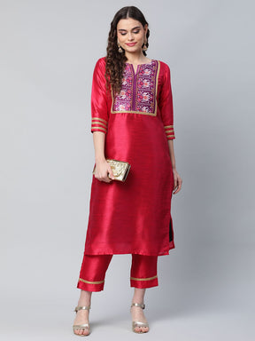 Red Art Silk Printed Kurta Pant Set