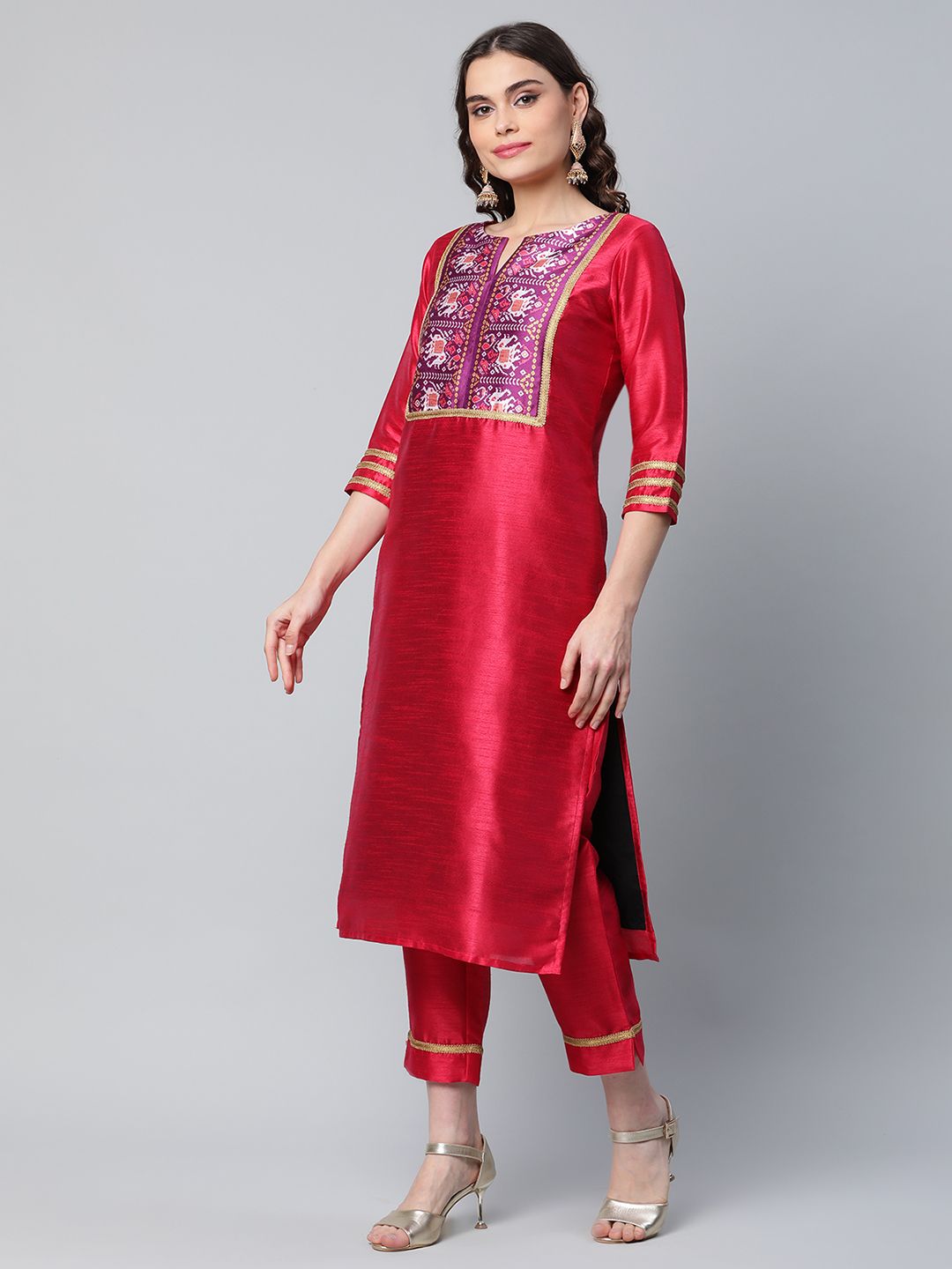 Red Art Silk Printed Kurta Pant Set