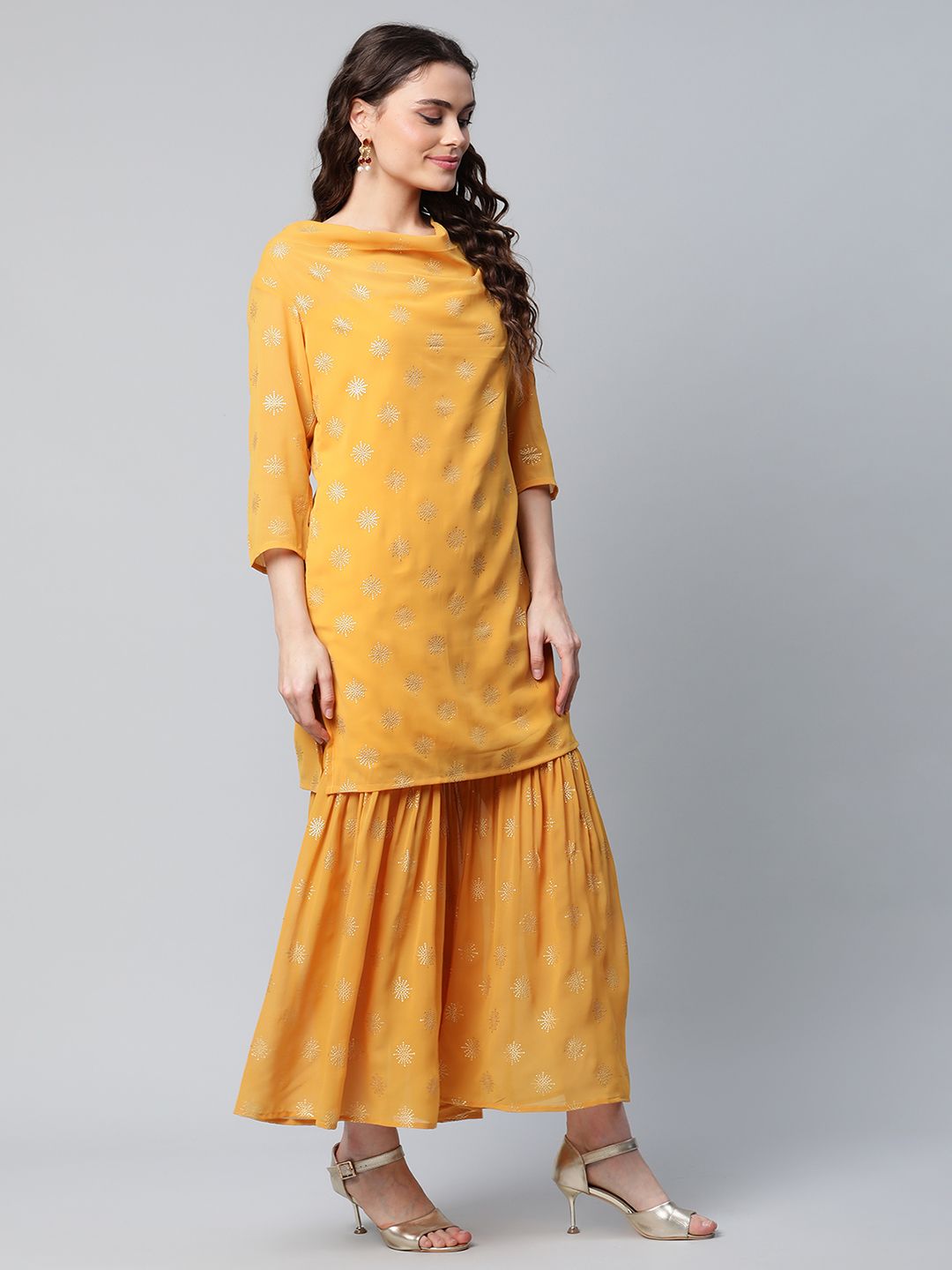 Women's Mustard Yellow Georgette Printed Sharara Set With Dupatta