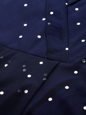 Navy Blue Net & Crepe Silver Toned Polka Dots Printed Maxi Dress