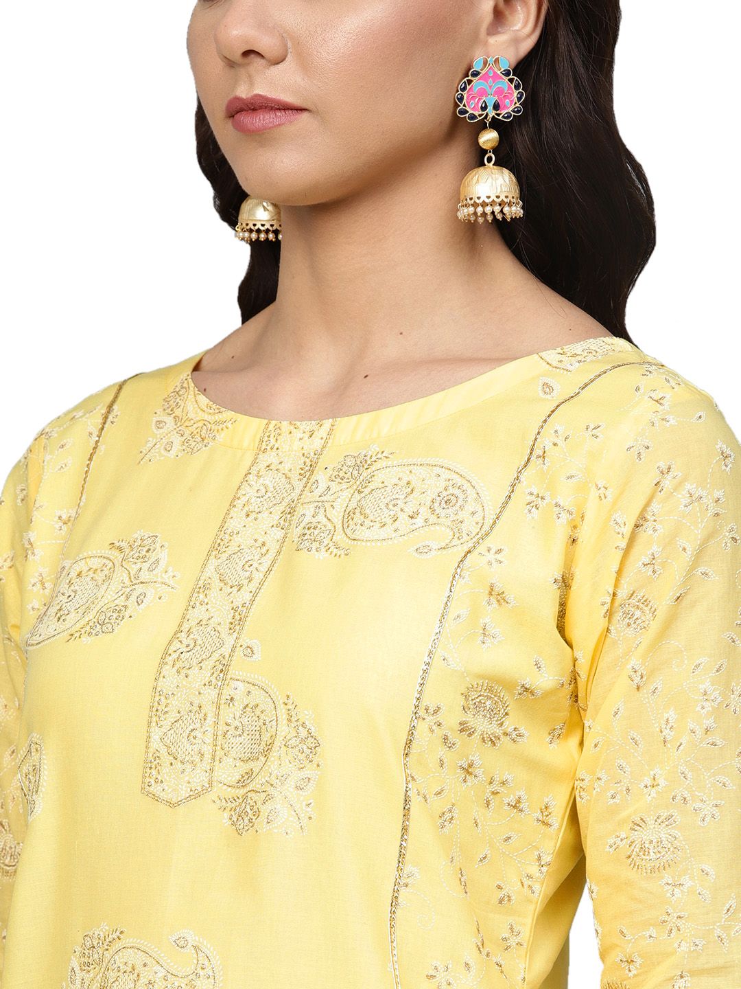 Ahalyaa Women's Cotton Blend Yellow Glitter Print Kurta Sharara Set With Dupatta