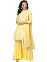 Ahalyaa Women's Cotton Blend Yellow Glitter Print Kurta Sharara Set With Dupatta