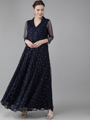 Navy Blue Net & Crepe Silver Toned Polka Dots Printed Maxi Dress