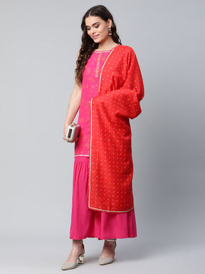 Women's Pink & Orange Printed Sharara Set With Dupatta