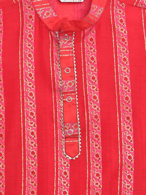 Boys Red Chanderi Khari Print Kids Kurta Churidar Set