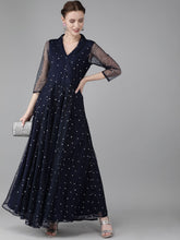 Navy Blue Net & Crepe Silver Toned Polka Dots Printed Maxi Dress