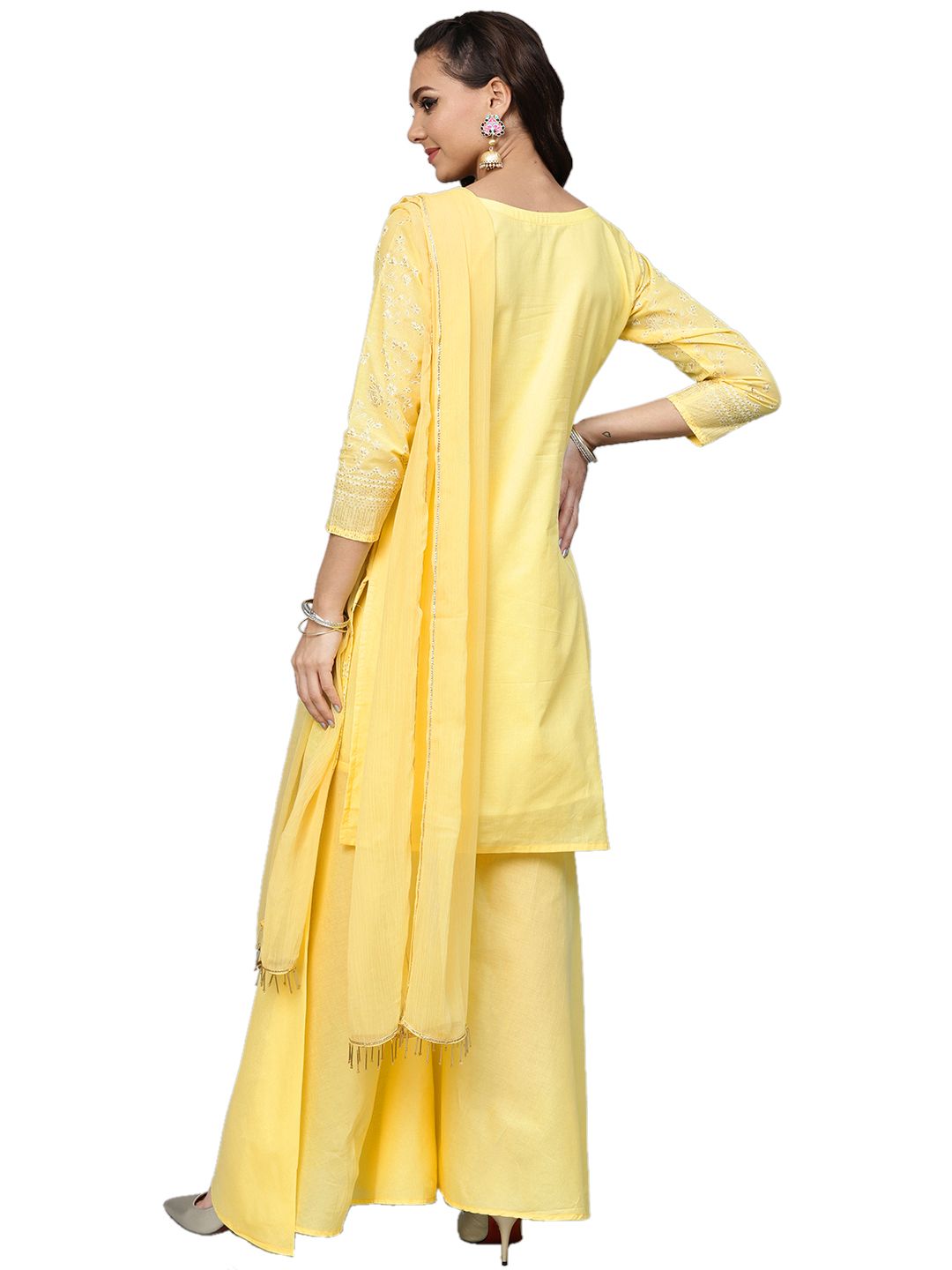 Ahalyaa Women's Cotton Blend Yellow Glitter Print Kurta Sharara Set With Dupatta