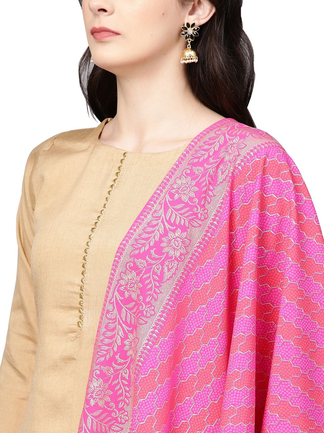 Beige Faux Silk Kurta Pant Set with Traditional Bandhani Print Dupatta