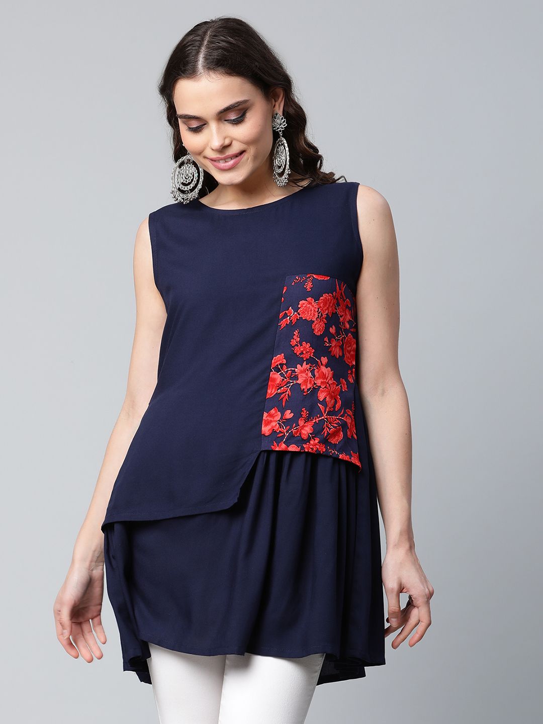 Navy Blue Rayon Printed Tunic