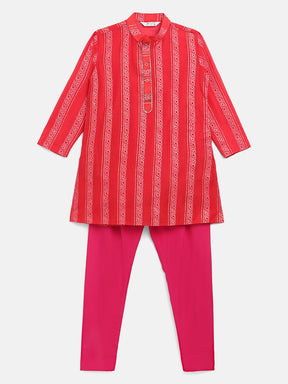 Boys Red Chanderi Khari Print Kids Kurta Churidar Set