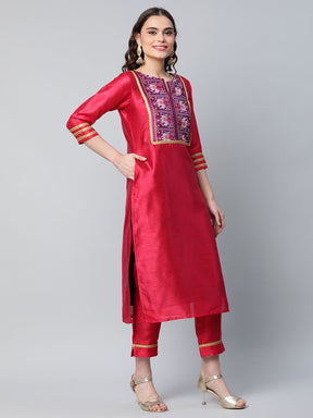 Red Art Silk Printed Kurta Pant Set